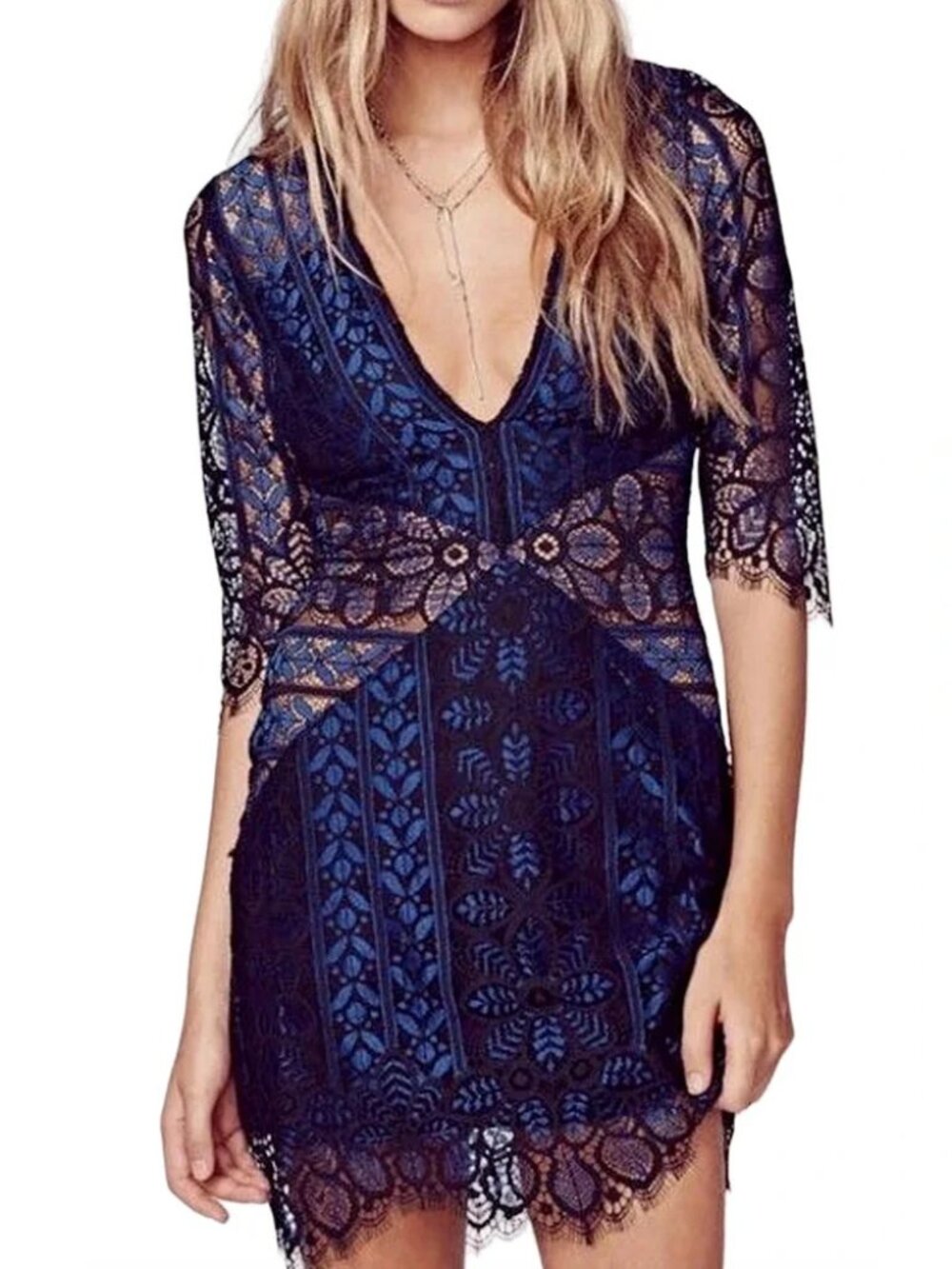 For Love & Lemons Lyla Cocktail Mini Dress Navy Black Lace Sheer Size XS